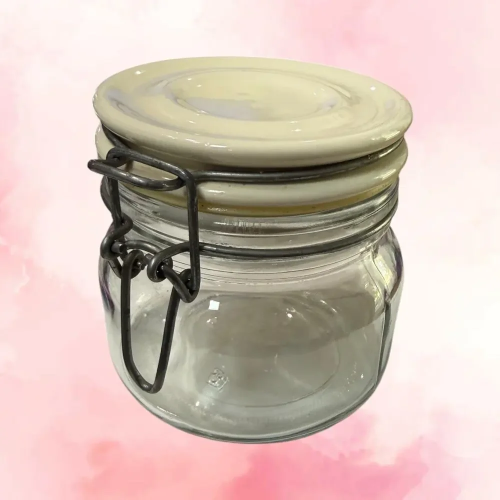 Vintage Anchor Hocking Clamp Top Glass Canister Ceramic Lid Wire Bail Farmhouse
